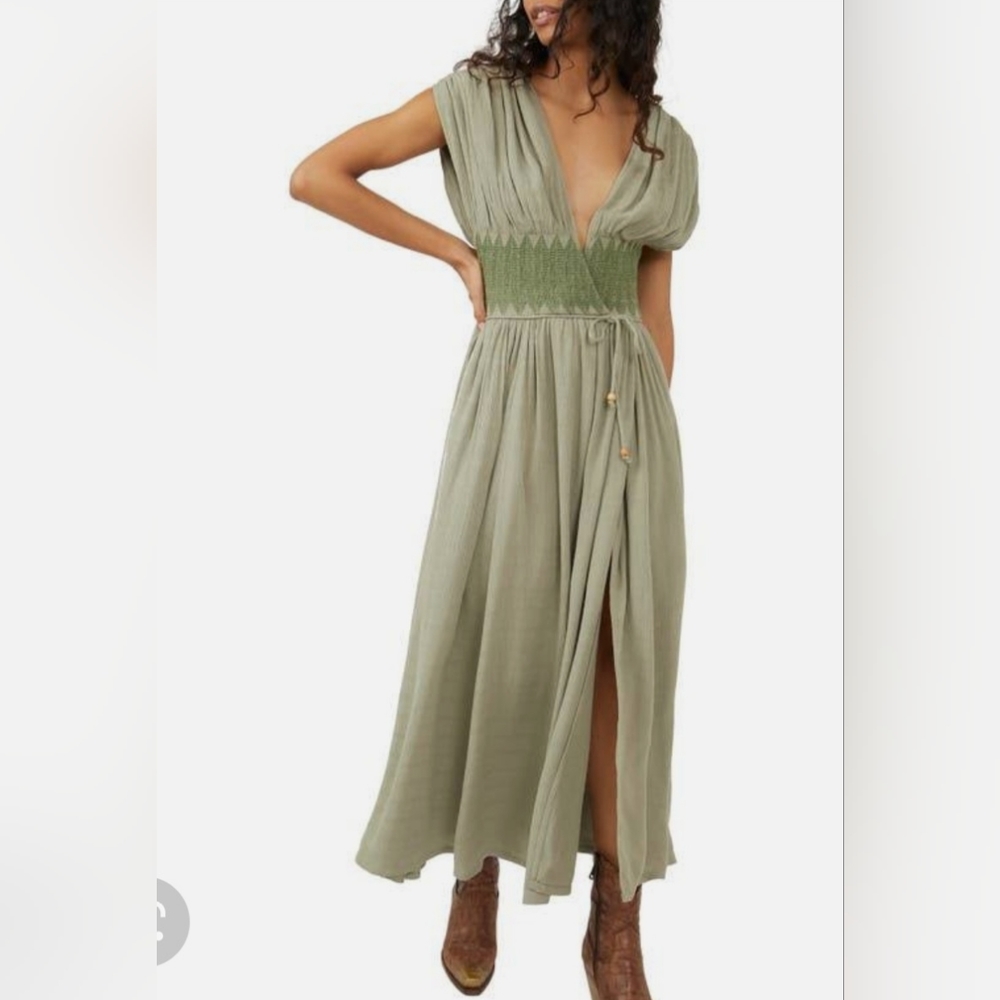 New Free People Women's Sage Green Boho Embroidered Wrap Top Maxi Dress Medium